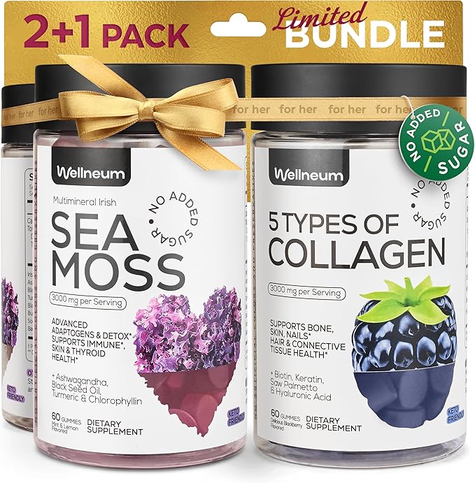 Collagen and Sea Moss Gummies Bundle - Collagen Peptides Irish Sea Moss Biotin Keratin Bladderwrack - Gummy Supplement for Immunity Detox Healthy Hair Skin and Nails - for Men and Women