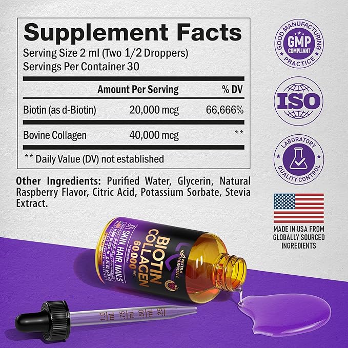 Liquid Biotin &amp Collagen 60000 mcg - Vitamins for Hair Growth Support - Extra Strength Drops for Women &amp Men - Liquid Collagen Supplement - Strong Nails &amp Healthy Skin - Made in USA - 2 F