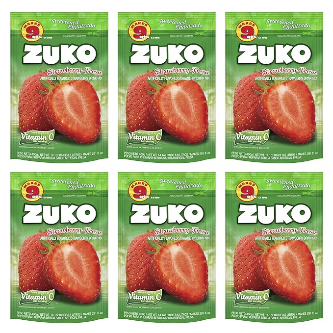 Zuko Strawberry Instant Powder Drink | Family Pack | No Sugar Needed | Vitamin C | 14.1 Ounce (Pack of 6)