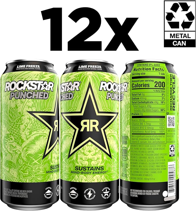 Rockstar Punched Energy Drink Lime Freeze 16 Fl Oz Cans (Pack of 12)