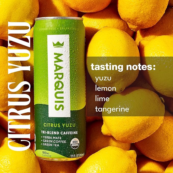 Marquis Natural Energy Drinks Sugar Free Zero Calories - 100mg Organic Plant Based Caffeine Yerba Mate Green Tea &amp Green Coffee - Vitamin C &amp Bs - Citrus Yuzu Healthy Energy Drink - 12oz Cans