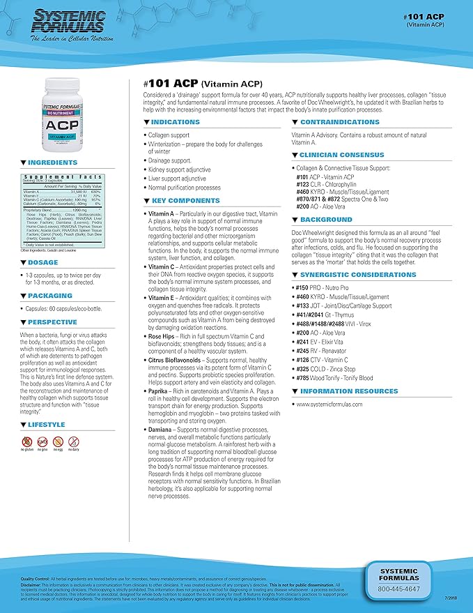 Systemic Formulas Bio Nutriment #101 Vitamin ACP 60 Capsules. Collagen Support Winter Support Immune Support.