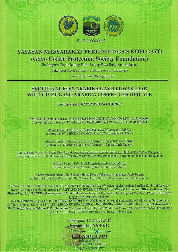 Wallacea Coffee Certified Wild Kopi Luwak Coffee Beans Civet Coffee Kopi Luwak From Gayo Sumatra Indonesia coffee beans (8.8 oz)