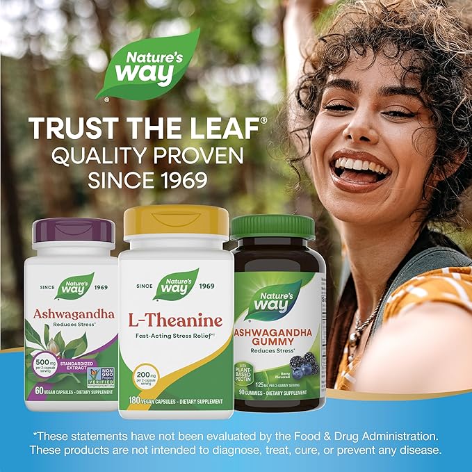 Nature's Way L-Theanine Stress Support* Promotes Relaxation* 200 mg per 2-Capsule Serving Vegan 180 Capsules (Packaging May Vary)