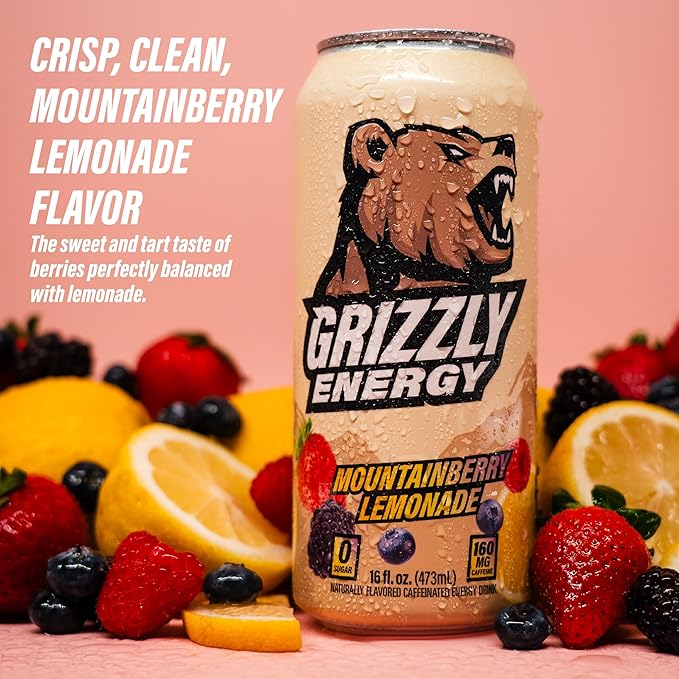 GRIZZLY Energy Drink Mountainberry Lemonade Taurine B Vitamins &amp 160mg Caffeine - Energy Focus &amp Hydration Boost - 10 Calories Zero Sugar - No Artificial Colors or Flavors - 16 fl oz (12 Pack