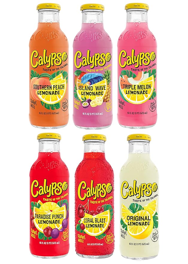 Calypso Lemonade 6 Flavor Variety Pack Made with Real Fruit 16 Fl Oz Glass Bottles (Pack of 6)