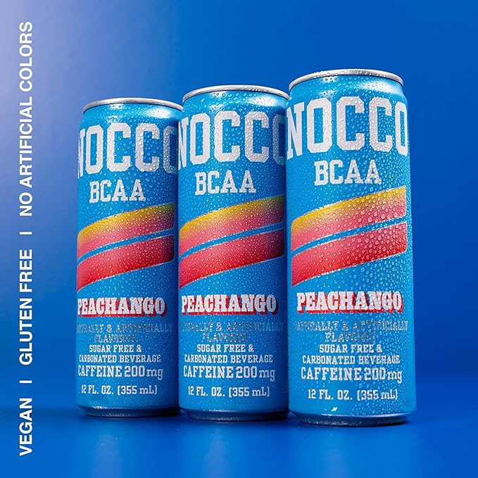 NOCCO BCAA Energy Drink PEACHANGO - 12 Fl Oz (Pack of 12) - 200mg of Caffeine Sugar Free Energy Drinks - Carbonated &amp Low Calorie BCAAs Vitamin B6 B12 &amp Biotin - Grab &amp Go Performance