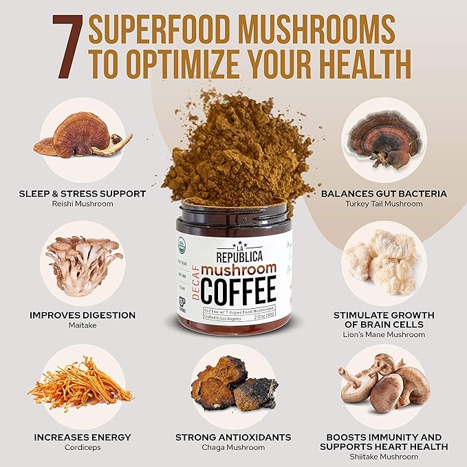 La Republica DECAF Organic Mushroom Coffee (35 Servings) with 7 Superfood Shrooms Great Tasting Instant Mix Includes Lion's Mane Reishi Chaga Cordyceps Shiitake Maitake and Turkey Tail (Decaffe