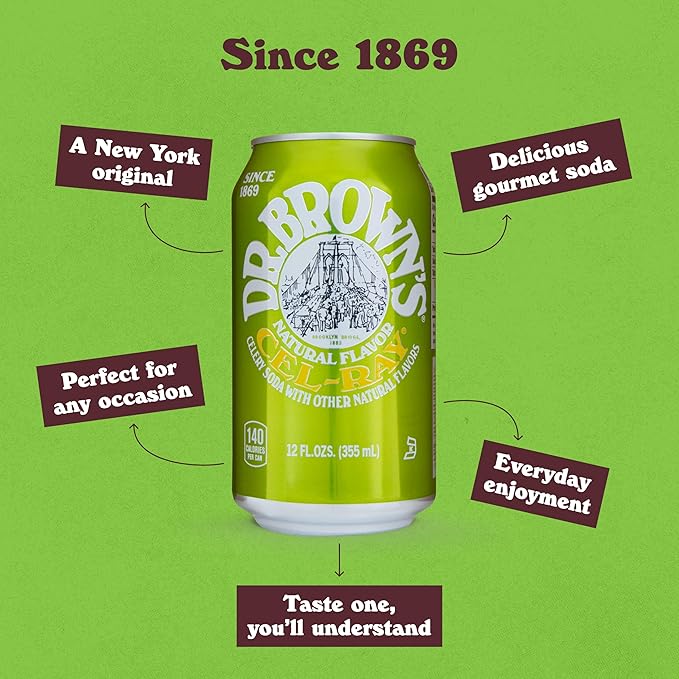 Dr. Brown's Cel-Ray Soda - A New York Original Celery Soda - 24 Cans of Refreshing Kosher Gourmet Soda Pop - Craft Celery Soda - 24 x 12 oz Cans