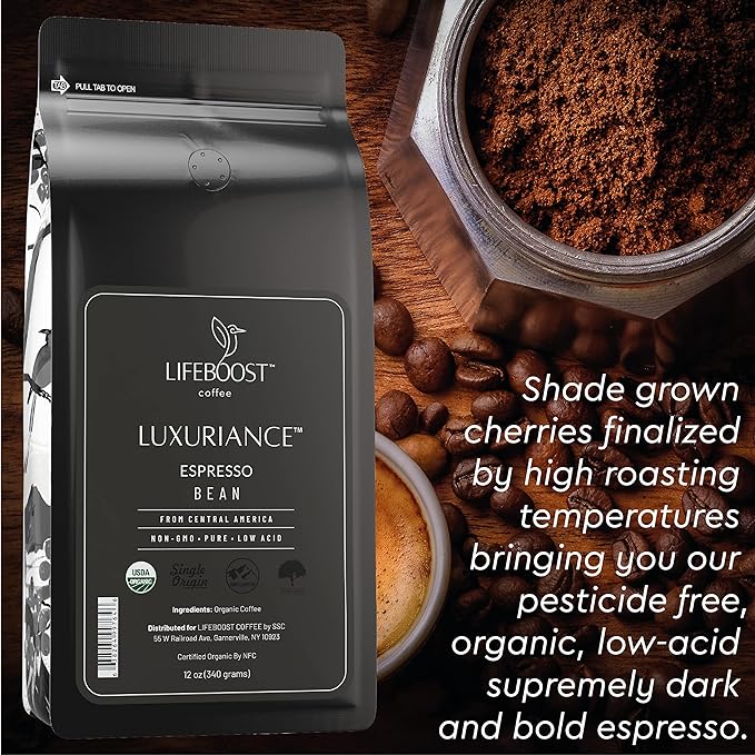 Lifeboost Organic Espresso Whole Bean Coffee - Low Acid Espresso Coffee Non-GMO USDA Organic Single Origin Third-Party Tested for Mycotoxins &amp Pesticides - 12 oz Pack of 3