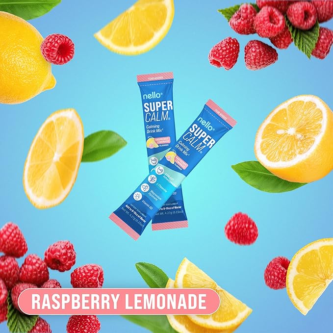 Nello Supercalm Powdered Drink Mix Cortisol Reducer and Sleep Aid Supplement L Theanine Ksm-66 Ashwagandha Magnesium Glycinate Vitamin D 3 No Sugar Non GMO On The Go 20 Ct Raspberry Lemonade