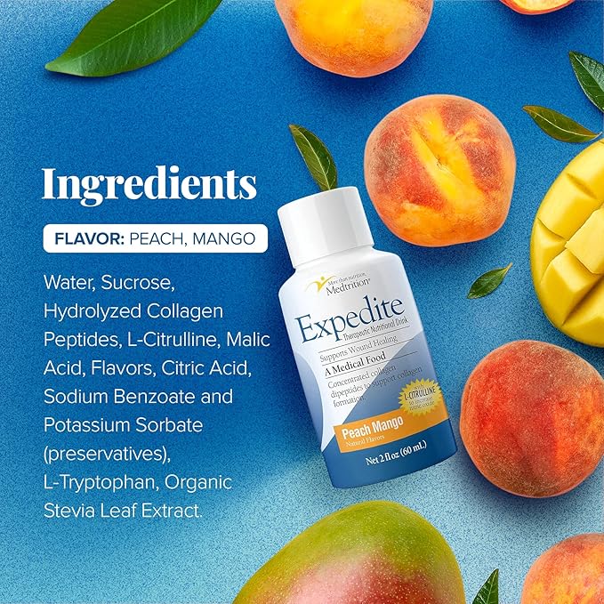Medtrition Expedite Liquid Collagen Peach Mango 2 Fl Oz Pack of 48 - Nutrition Support for General Orthopedic &amp Cosmetic Surgery Recovery