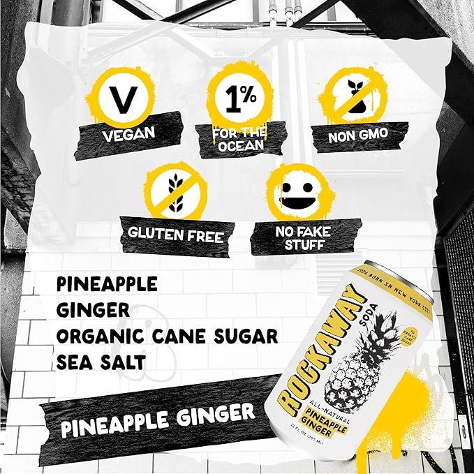 ROCKAWAY Pineapple Ginger Soda Drinks - Low calorie drinks made from Real Fruit Juice All Natural - Soda Pop Drinks Gluten Free Vegan GMO Free - 12oz (12 Pack)