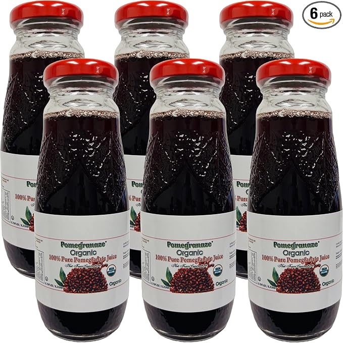 100% Organic Pomegranate Juice 6.7 Oz Glass Bottle (6 Pack) No Sugar No Artificial Colors No Preservatives No Flavors Added Gluten Free and Kosher