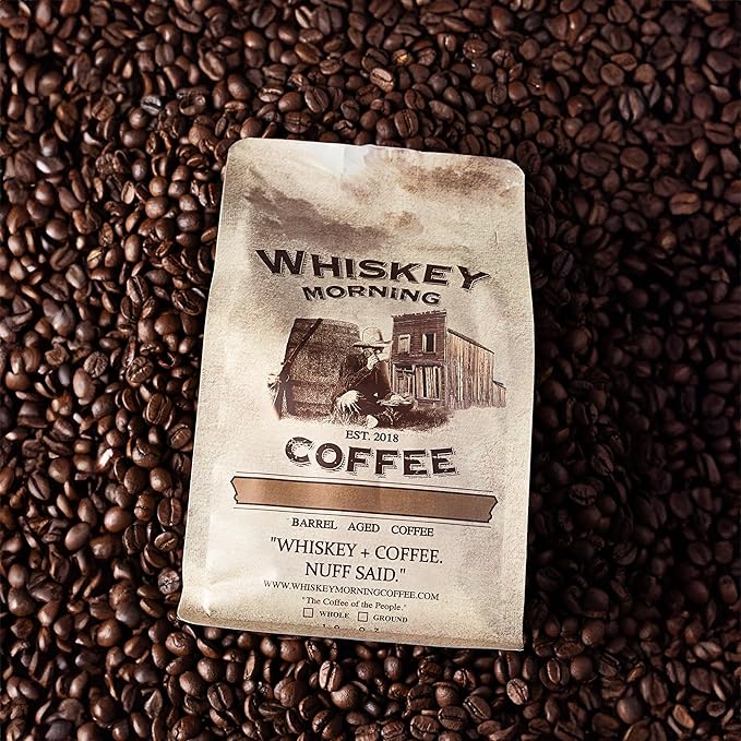 Whiskey Morning Coffee Bourbon Barrel Aged Ground Coffee Fire Roasted Ground Coffee 100% Specialty Grade Arabica Non Alcoholic Natural Whiskey Infused Coffee Small Batch Texas Roasted 10 oz Bag