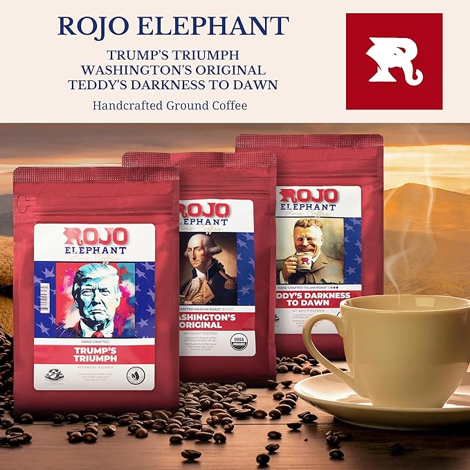 Rojo Elephant Handcrafted Ground Coffee 11 0z Bags 3 Pack Trump's Triumph Washington Original Teddy's Darkness to Dawn Patriot’s Trio