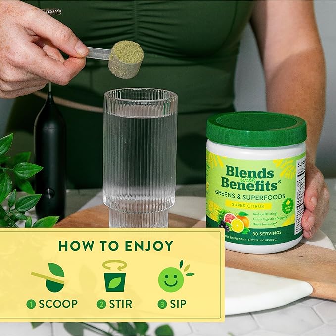 360 Nutrition Blends with Benefits Super Greens Powder w/Probiotics Digestive Enzymes Sugar &amp Gluten Free Plant Based Superfood Drink Mix for Gut Health Bloating Immunity Overall Health 6.3