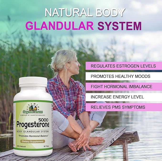 Organic Farm Vitamins Progesterone 5000 - Body glandular System Dietary Supplement 100% Natural Progesterone Pills - Formula to Balance Hormones - progesterone Supplement 90 Tablets
