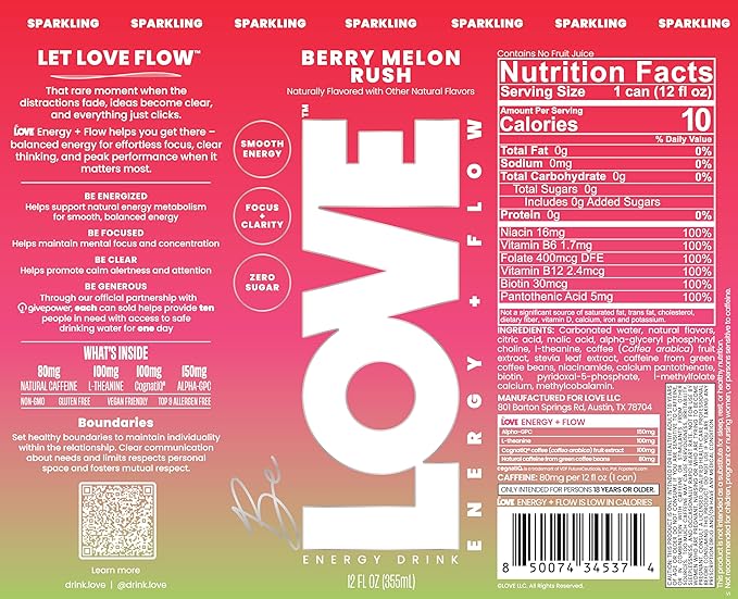 Be LOVE Energy + Flow – 80mg Natural Caffeine L-Theanine &amp Alpha-GPC for Clean Calm Focus – Zero Sugar Low Calorie 100% DV B-Vitamins – Non-GMO Vegan – 12 fl oz (Pack of 12) (Berry Melon Rush)