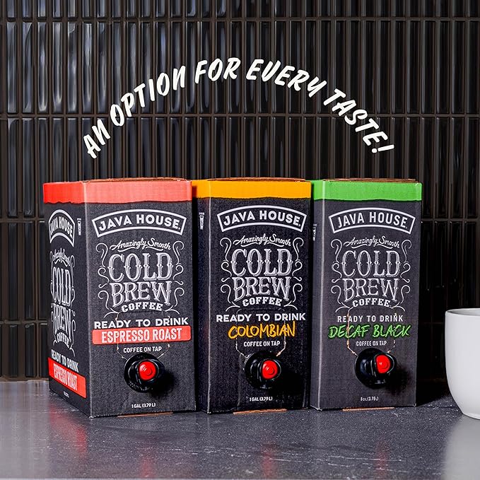 Java House Cold Brew Coffee on Tap (Pack of 2) – Premium 100% Arabica Decaf – Smooth Decaf with Chocolate &amp Caramel Notes – 1 Gallon Box (16 Servings) – Ready to Drink No Caffeine No Brewing Req