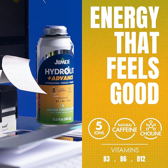 Jumex Hydrolit +Advance Hydration Energy Drinks - 90 Calorie Mango Sports Drinks - Non Carbonated Electrolyte &amp Vitamin Water with Ions Choline B3 B6 B12 &amp Natural Caffeine - 15.5oz 12 Pa
