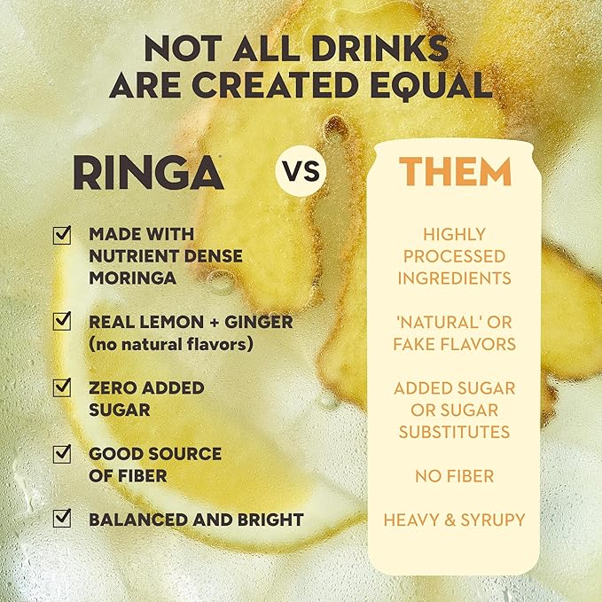 Ringa Sparkling Lemon Ginger Hydration 12 FZ Sparkling Drink – Organic Moringa + Apple Cider Vinegar with 3g Prebiotic Fiber – No Added Sugar Gut Health &amp Daily Hydration – 12oz Cans (LEMON GING