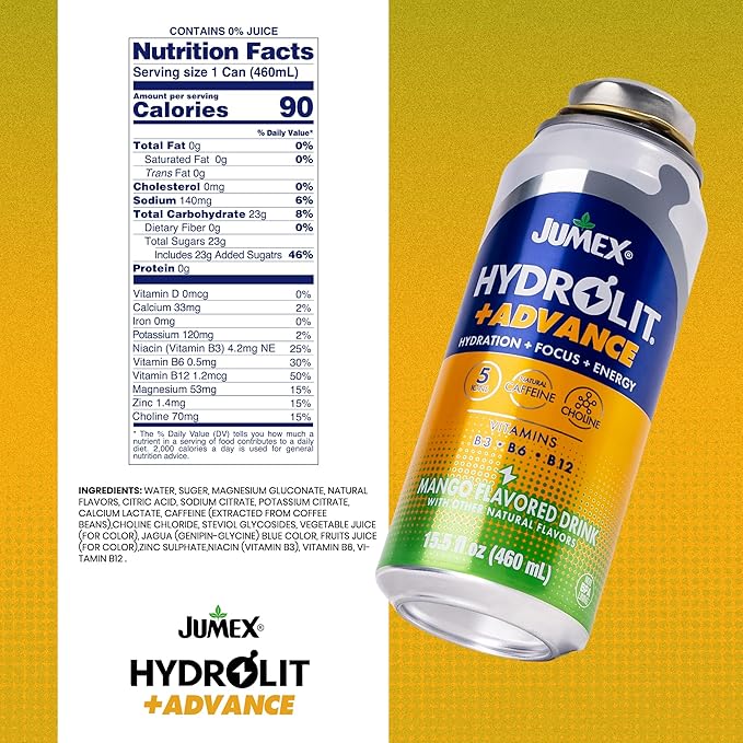 Jumex Hydrolit +Advance Hydration Energy Drinks - 90 Calorie Mango Sports Drinks - Non Carbonated Electrolyte &amp Vitamin Water with Ions Choline B3 B6 B12 &amp Natural Caffeine - 15.5oz 12 Pa