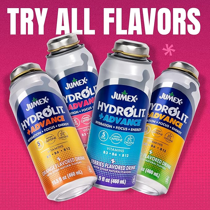 Jumex Hydrolit +Advance Hydration Energy Drinks - 90 Calorie Fruit Punch Sports Drinks - Non Carbonated Electrolyte &amp Vitamin Water with Ions Choline B3 B6 B12 &amp Natural Caffeine - 15.5oz