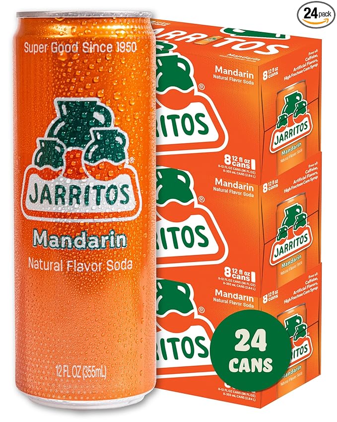 Jarritos - Mexican Soda Soft Drinks Mandarin (12 oz 355ml) 24 Cans (3 Boxes of 8) - Real Cane Sugar - 0g Fat - Made in Mexico - Natural Flavor Soda Pop - Party &amp BBQ Beverages