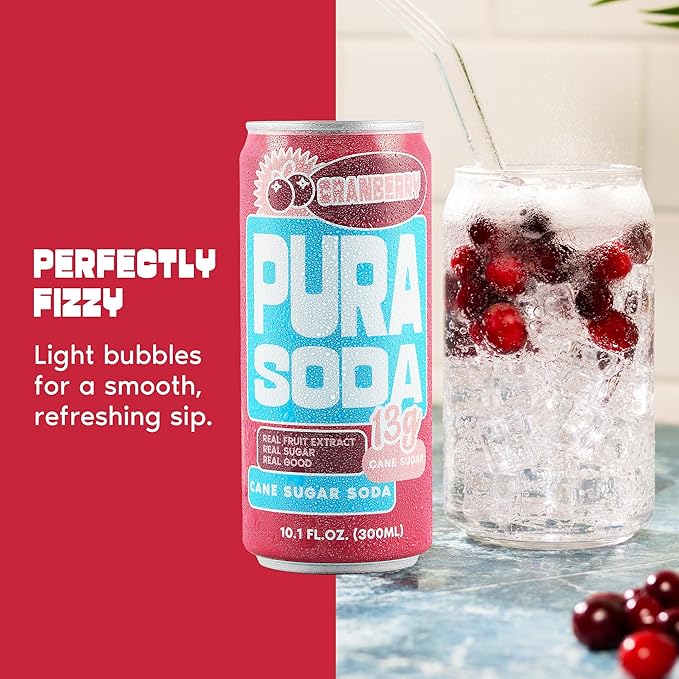 PuraSoda® Cranberry | 65 Calories &amp 13g Pure Cane Sugar per Can | Non-GMO Vegan | Made with Pure Cane Sugar Clean &amp Refreshing | 10 fl oz (300ml) Cans Pack of 24