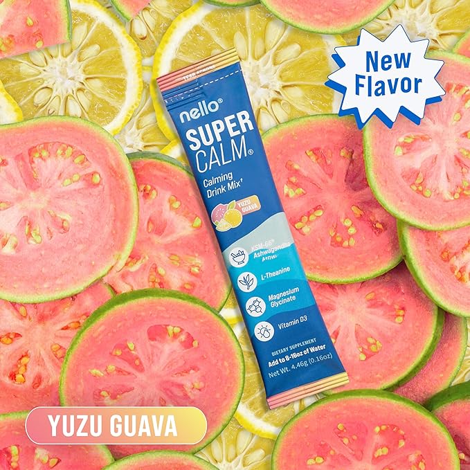 Nello Supercalm Powdered Drink Mix Cortisol Reducer* and Sleep Aid Supplement L Theanine Ksm-66 Ashwagandha Magnesium Glycinate Vitamin D 3 No Sugar Non GMO On The Go 20 Ct Yuzu Guava