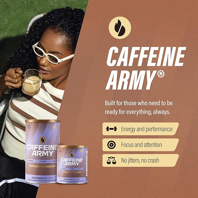 CAFFEINE ARMY ChocoVanilla | Comprehensive Functional Coffee with MCTs CoQ10 Collagen and Adaptogens: Clean Energy + Supports Daily Attention No Jitters or Crash (7.8 oz 22 Servings)