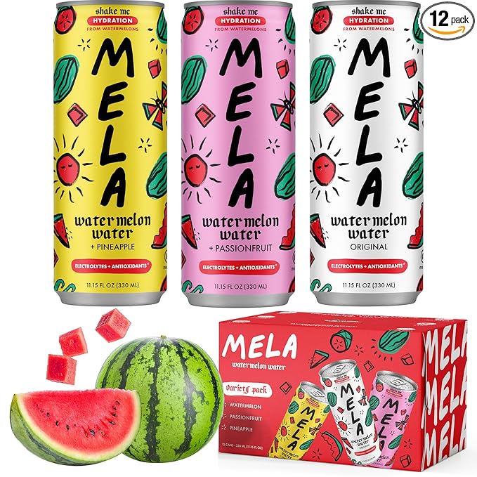 Mela Watermelon Water - Watermelon Juice 100 Percent Natural Fruit Juice with Vitamin C Electrolytes Antioxidants - Coconut Water Alternative Gluten-Free (Variety 11.15 fl oz 12-pack)