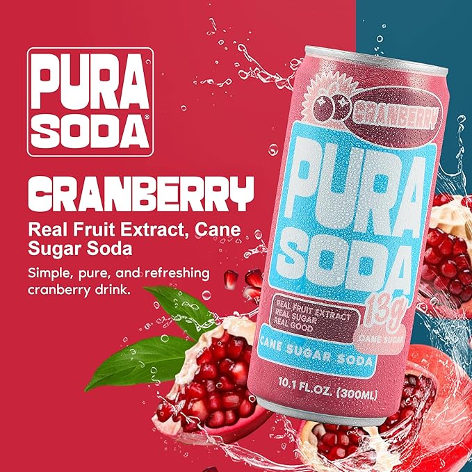 PuraSoda® Cranberry | 65 Calories &amp 13g Pure Cane Sugar per Can | Non-GMO Vegan | Made with Pure Cane Sugar Clean &amp Refreshing | 10 fl oz (300ml) Cans Pack of 24