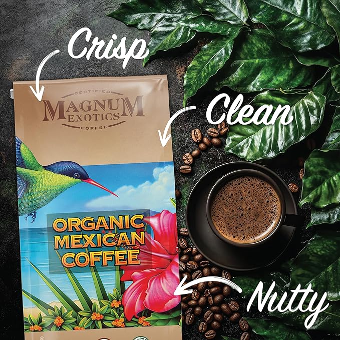 Magnum Exotics Organic Mexican Coffee - Medium Roast Whole Bean Low Acid USDA Certified Organic - 2 lb (32 oz)