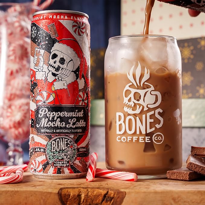 Bones Coffee Company Peppermint Mocha Latte Flavored Coffee Medium Roast Ready To Drink Iced Coffee in Can 11 Fl Oz Can (12 Pack)