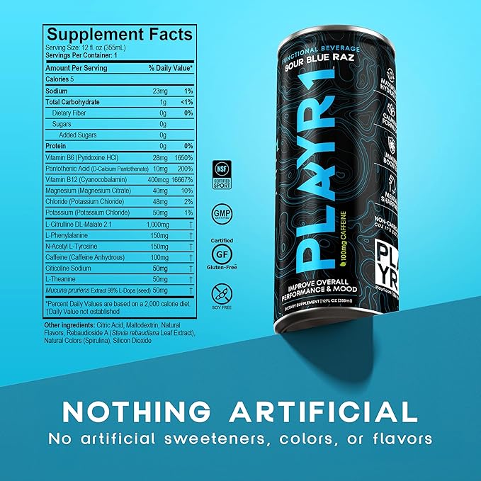 PLAYR1 Sour Blue Raz Caffeinated 24 pack