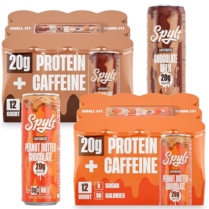Spylt High Protein Chocolate/Peanut Butter Chocolate Milk with 60mg Caffeine &amp 20g Protein - 90 Calories Ready to Drink Sugar Free Lactose Free Milk Perfect for Workout Recovery &amp Afternoo