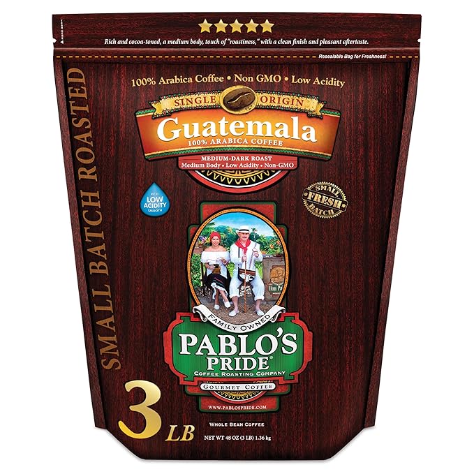 3LB Pablo's Pride Guatemala - Medium-Dark Roast - Whole Bean Coffee - Low Acidity - 3 Pound (3 lb) Bag