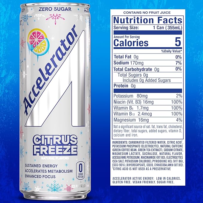 Accelerator Energy Drink Citrus Freeze 12oz can (12 pack) Zero Sugar Sustained Energy from 100% Natural Caffeine (200mg from Green Coffee Bean &amp Green Tea extract)