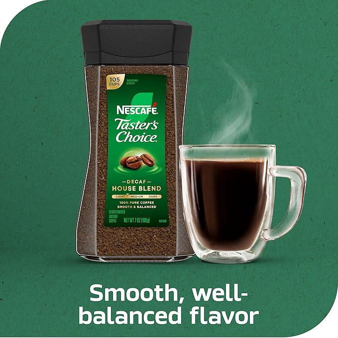 NESCAFÉ Taster's Choice Instant CoffeeMedium Light Roast CoffeeDecaf House Blend(7 Oz Each)(Pack of 4)