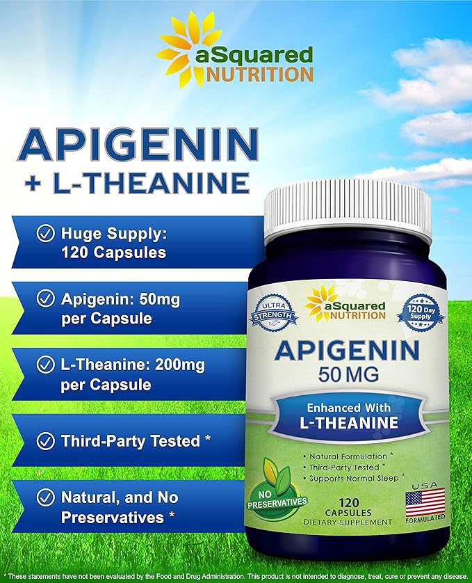 aSquared Nutrition Apigenin 50mg &amp L-Theanine 200mg - 120 Capsules - Apigenin Supplement Pills for Sleep and Relaxation - Natural Bioflavonoid Extract Found in Chamomile Tea