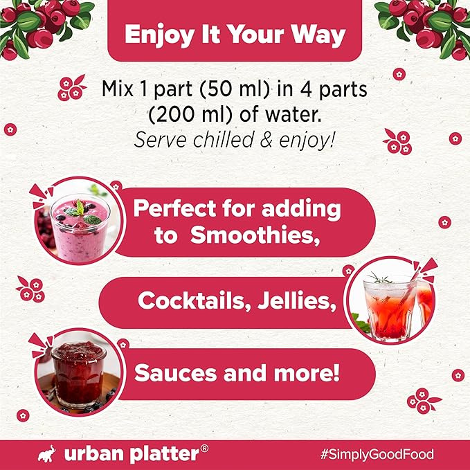 Urban Platter Canadian Cranberry Juice 1 Litre (Unsweetened No ed Sugar 100% Natural Cranberry Juice Good for UTI Health Perfect for Cocktails and Mocktails]
