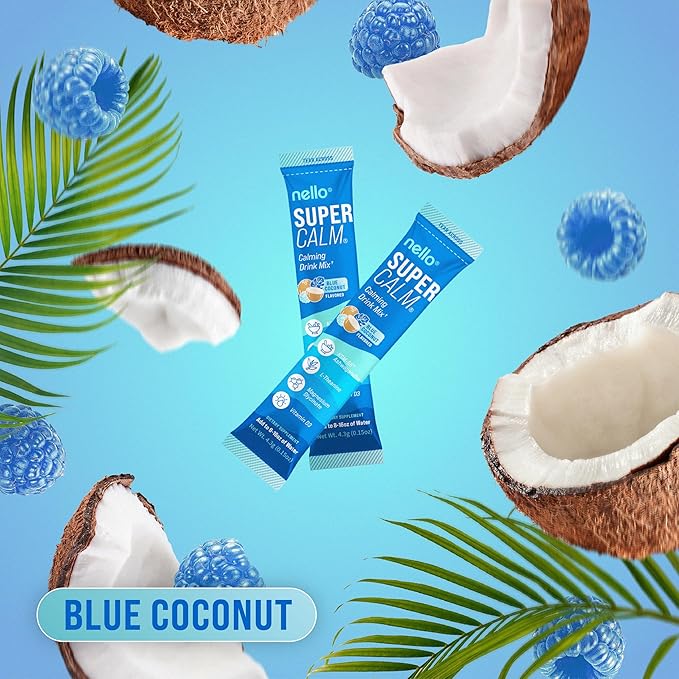 Nello Supercalm Drink Mix with Magnesium Glycinate KSM 66 Ashwagandha Vitamin D3 and L Theanine Calm Powder Supplements for Relaxation Support No Sugar Travel Packets 20 Ct Blue Coconut