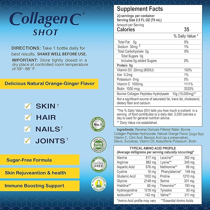CollagenC - skin glow shot 20 pack - Collagen 10g Vitamin c 1000mg Biotin 1000mcg Vitamin D 800 IU - Natural Orange-Ginger Flavor 2.5oz Bottle - 20 Pack