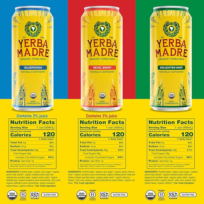 Yerba Madre Organic Yerba Mate Energy Drink Alternative Full-Sugar Variety Pack 150mg Plant Based Caffeine Smooth Energy &amp Focus No Jitters or Crash 15.5oz Cans (Pack of 12)