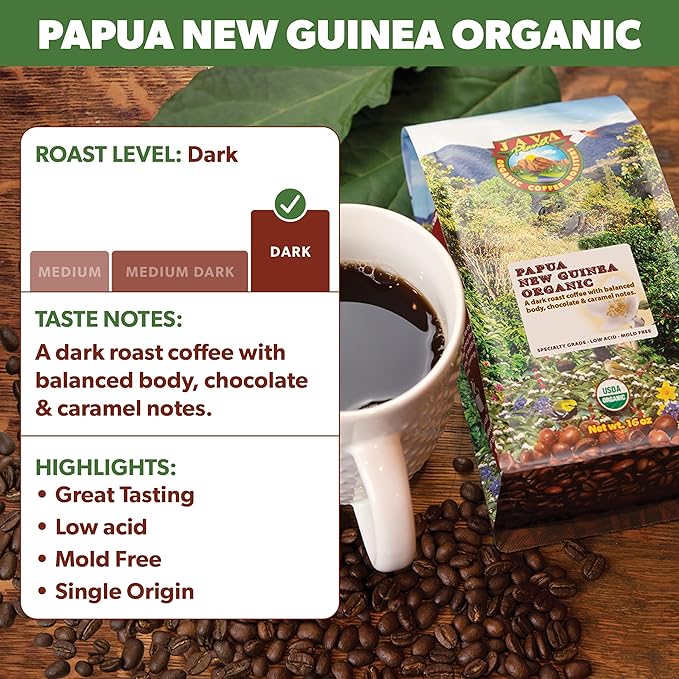 Low Acid Organic Coffee – Whole Bean Mold-Free &amp Stomach Friendly by Java Planet Papua New Guinea Single Origin Coffee Dark Roast Smooth Full Flavored 2x1LB Bag