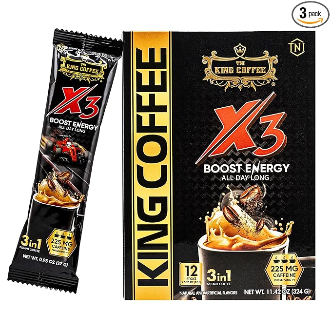 King Coffee 3in1 X3 Instant Vietnamese Coffee Packets Box 12 sticks x 0.95 oz (27g) Boost Energy Cafe Mix Perfect for Powerful Day (3)