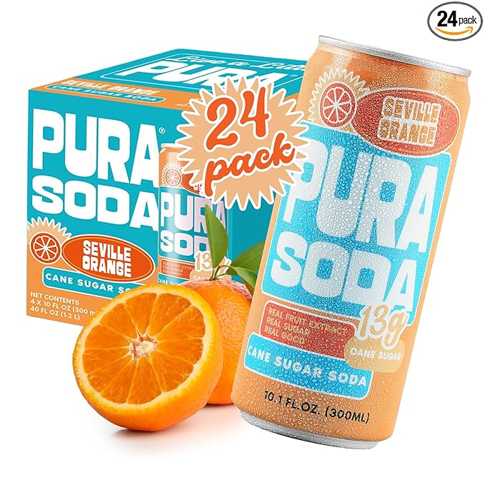 PuraSoda® Seville Orange | 65 Calories &amp 13g Pure Cane Sugar per Can | Non-GMO Vegan | Made with Pure Cane Sugar Clean &amp Refreshing | 10 fl oz (300ml) Cans Pack of 24