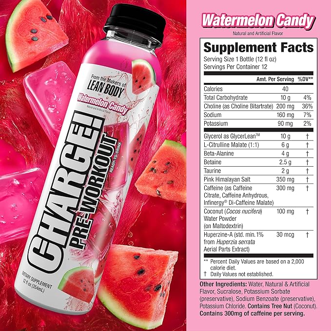 LABRADA Charge Pre Workout Watermelon Candy RTD Drink – Pump Energy Endurance Formula with 10g Glycerol 6g L-Citrulline Malate 4g Beta Alanine 300mg Caffeine + Total Hydration 12 Servings